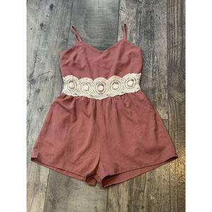 Womens MAUVE PINK CHIFFON SHORTS ROMPER Zipper Back IVORY CROCHET WAISTBAND Sm